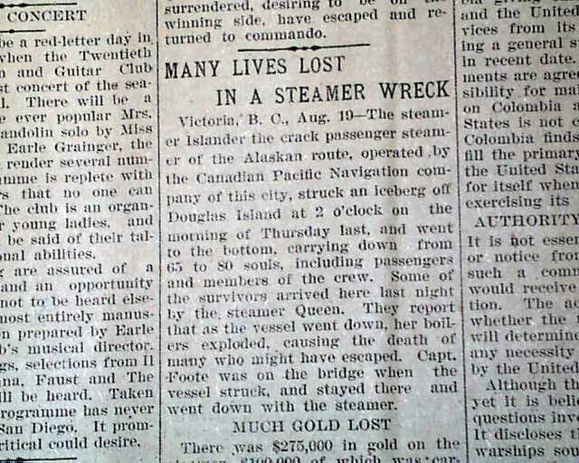 SS ISLANDER Shipwreck DISASTER Sinking Klondike GOLD Rush Lost in 1901 Newspaper