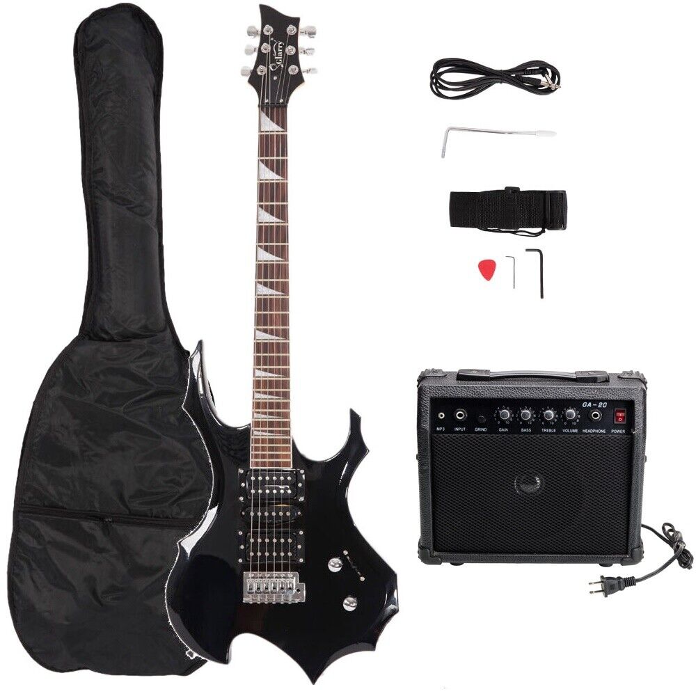 NEW Glarry Flame Shaped Electric Guitar+20W electric guitar audio-Black
