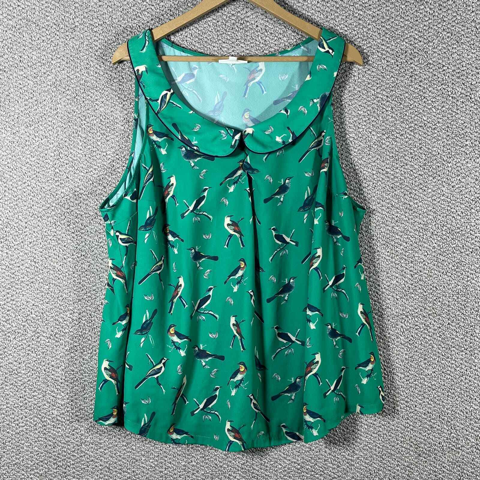 ModCloth Top Womens Size 3X Green Bird Print Peter Pan Collar Sleeveless 