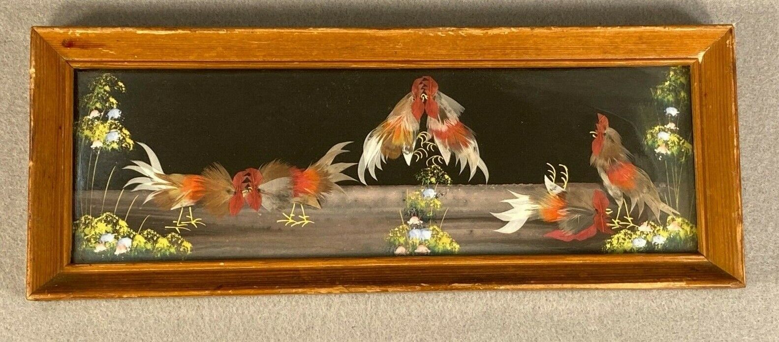 Vintage Mexican Folk Art Feathercraft Cockfight Hand Carved Wood Frame