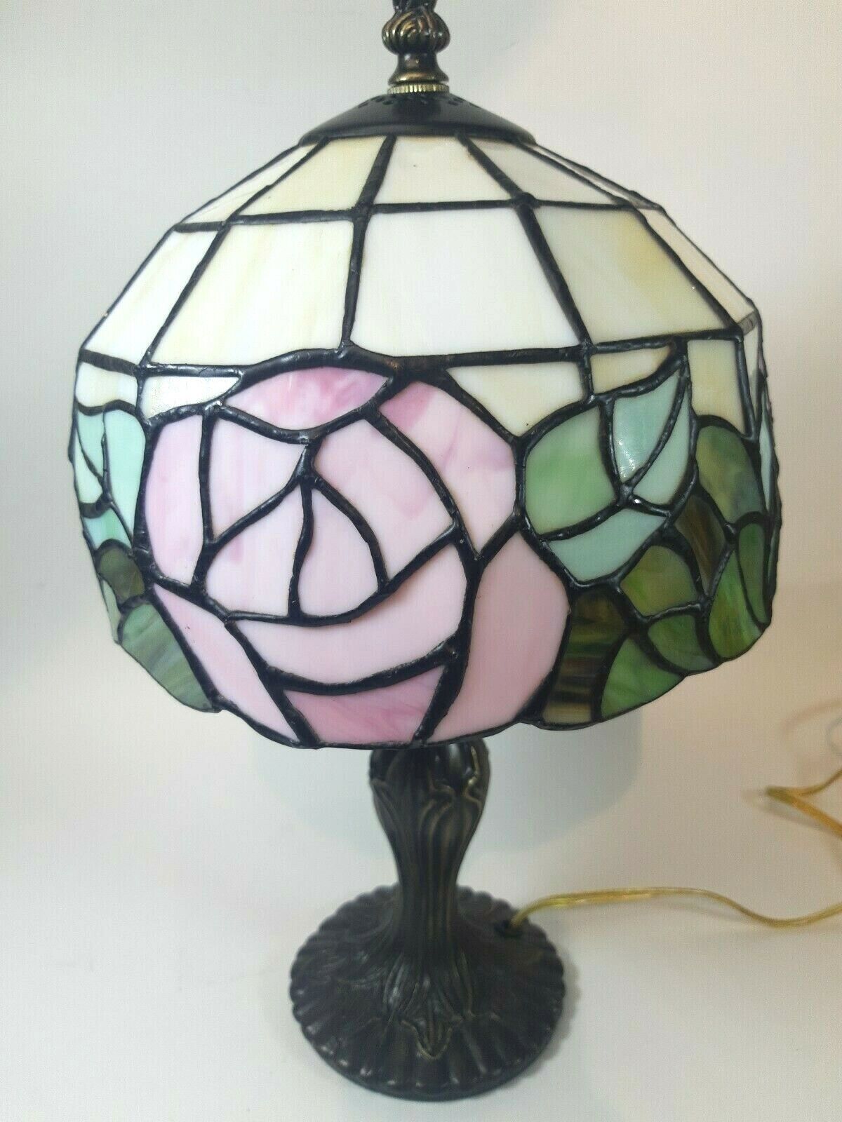 Tiffany Style Table Lamp Desk Light Rose Pink Green Stained Glass 