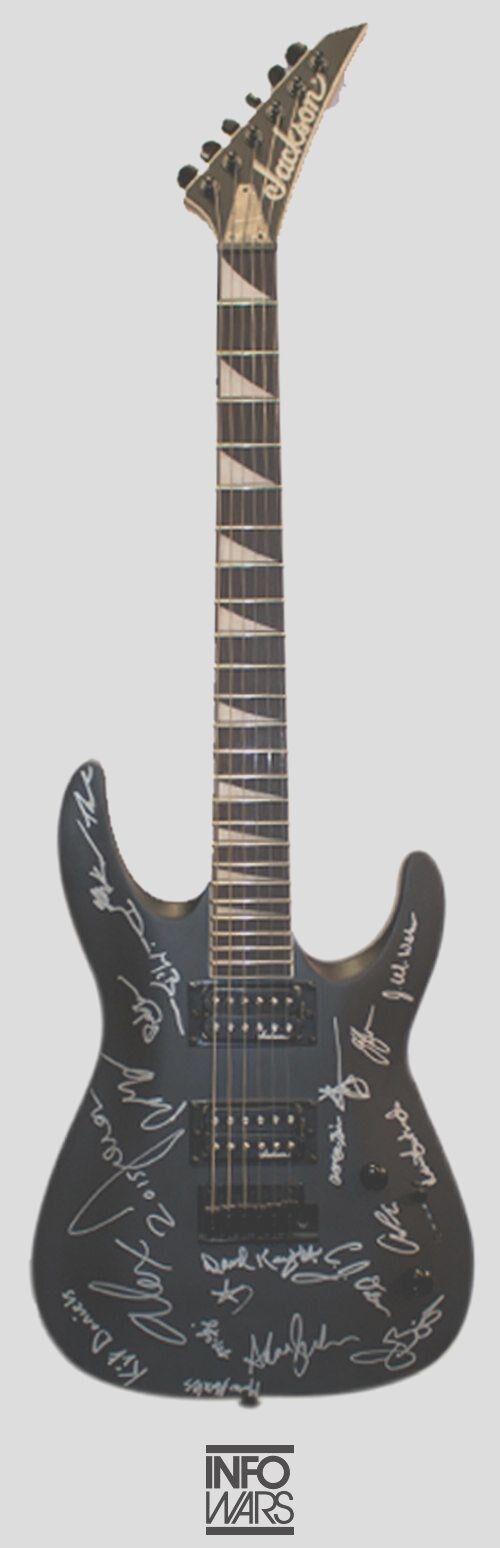Alex Jones and crew Infowars autographed Jackson collectors guitar.  1 and only