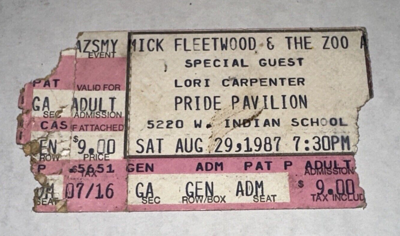 8/29/87 MICK FLEETWOOD & THE ZOO Concert Tour Music Ticket Stub Pride Pavilion