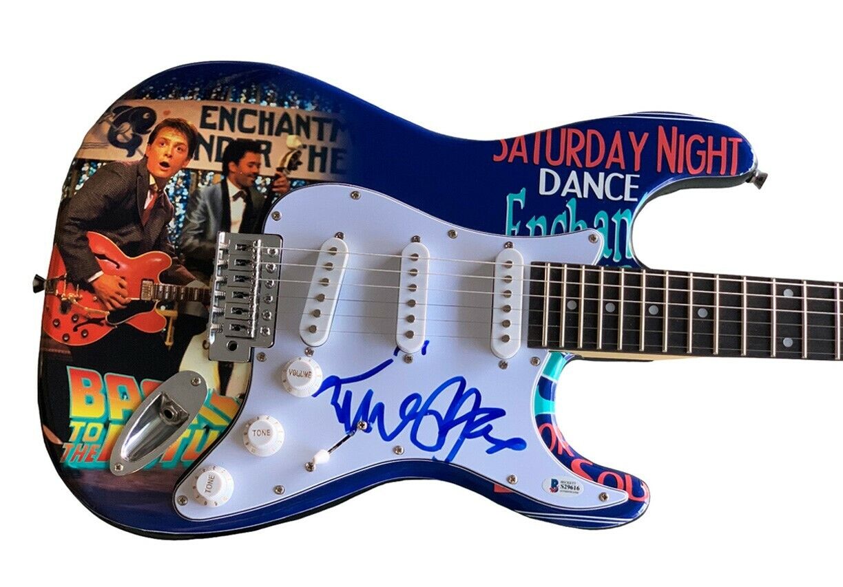 MICHAEL J. FOX Signed Guitar w/ BACK TO THE FUTURE Custom Wrapped Art * Beckett