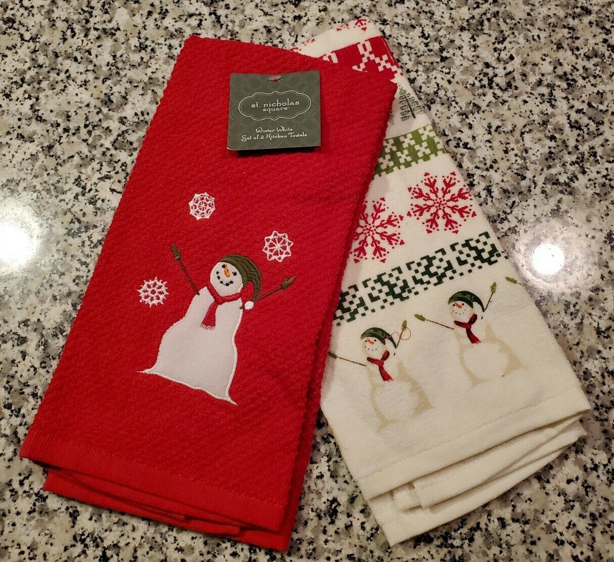 St Nicholas Square SET of 2 Hand Towels SNOWMAN Red WARM WISHES Holiday  #209317 