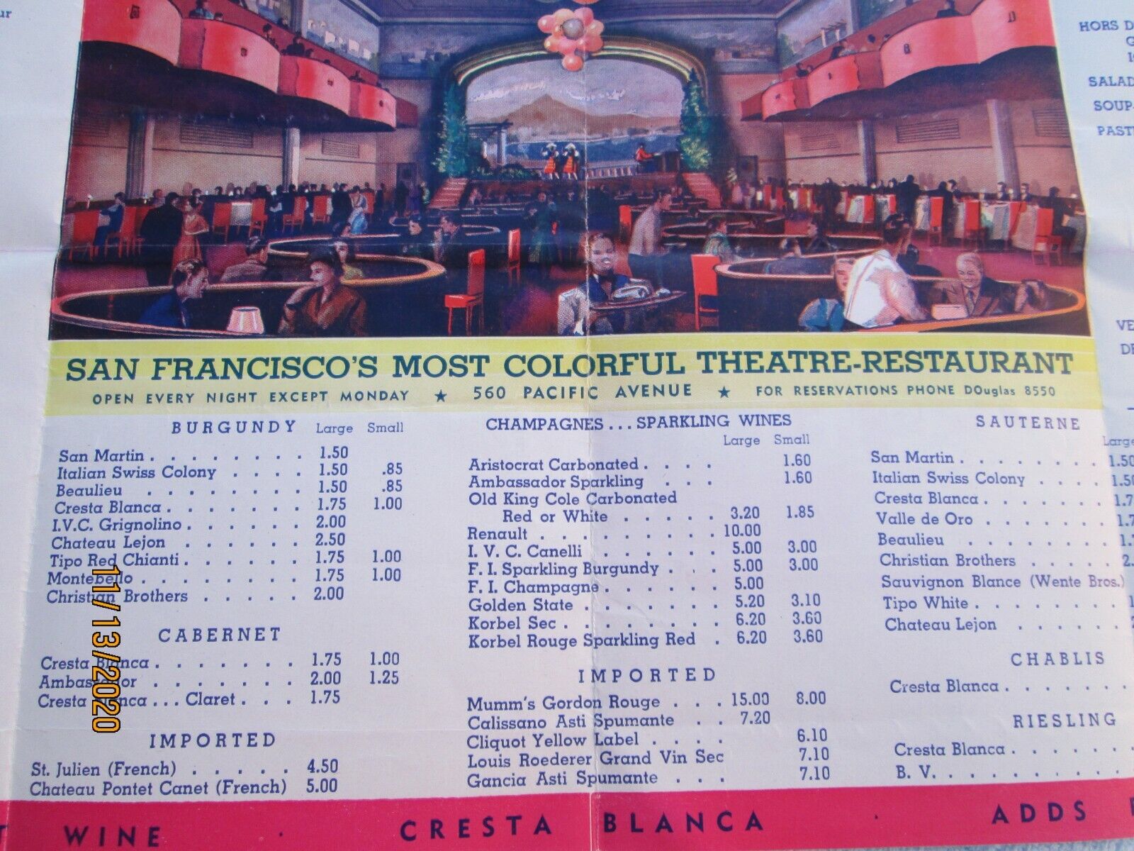San Francisco Monaco Theatre Menu 1943 Restaurant Menu/Foldout, Collectible