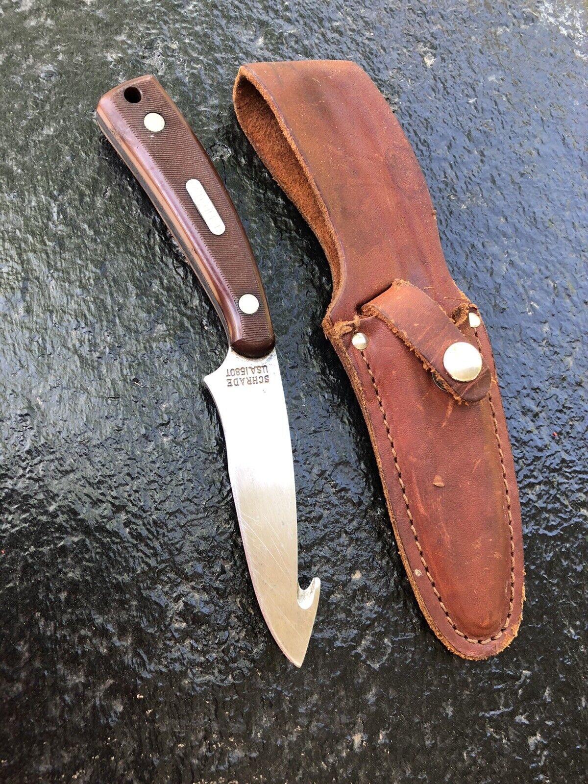 Vintage Schrade Old Timer 1580T gut hook hunting skinning knife with sheath