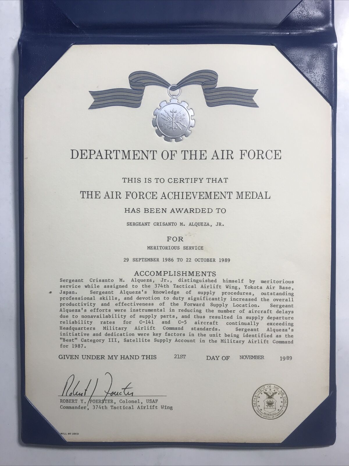 USAF Department Of The Air Force Achievement Medal Certificate 1989