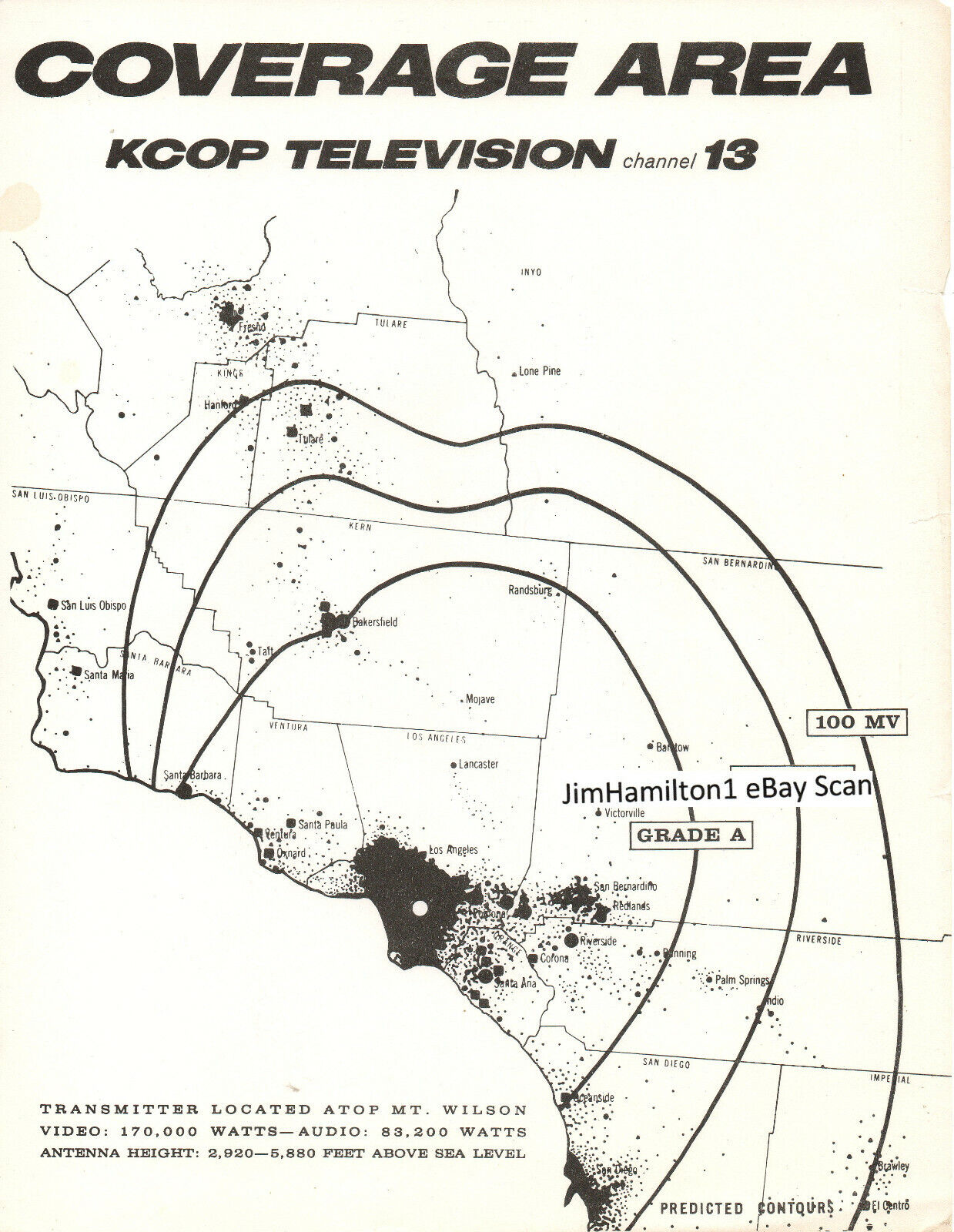 KCOP TV 13 LOS ANGELES CALIFORNIA TV COVERAGE MAP ORIGINAL