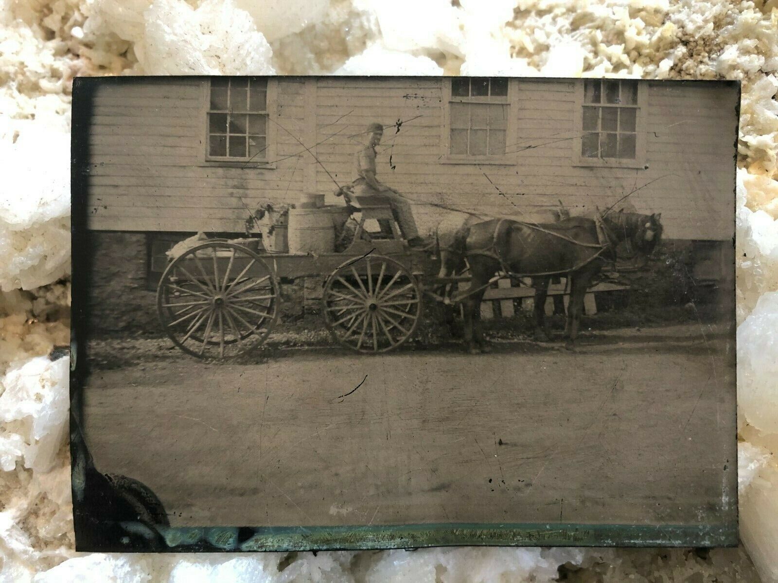Tintype Tin Type Photo Horse And Wagon Buggy With Man And Barrels