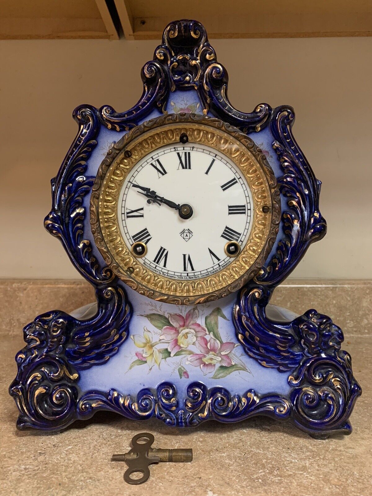 Antique Ansonia Winnebago Porcelain Cobalt Blue & White Floral Mantle Clock